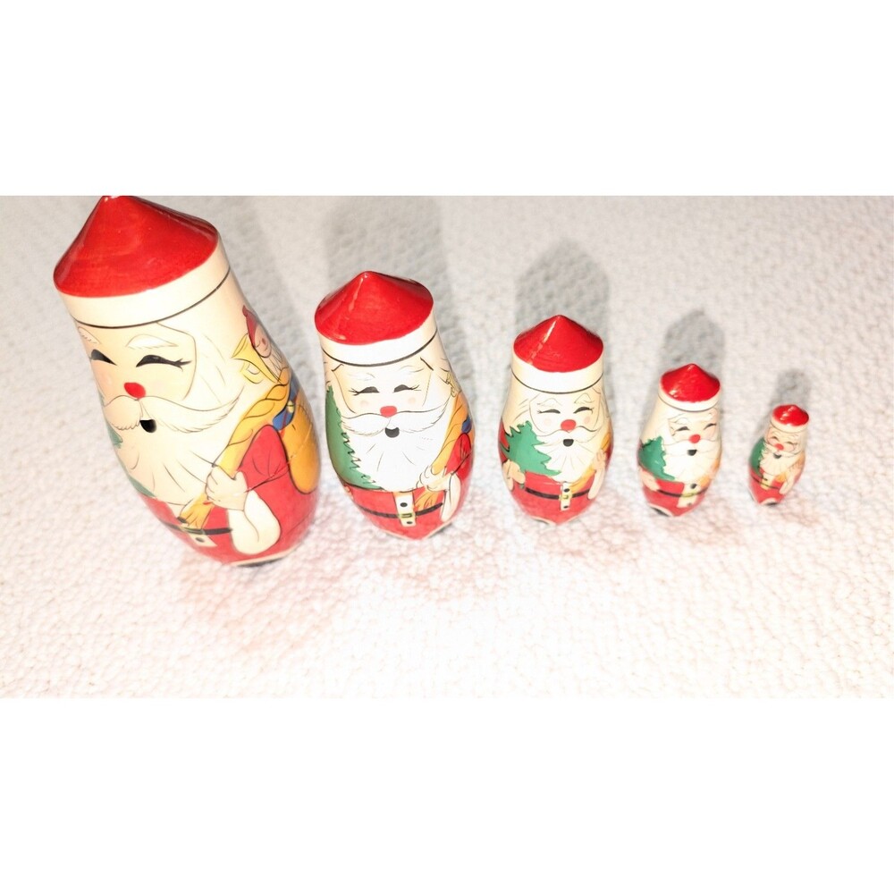 Vintage 1988 Lillian Vernon hand-painted wooden Santa Claus Set of 5